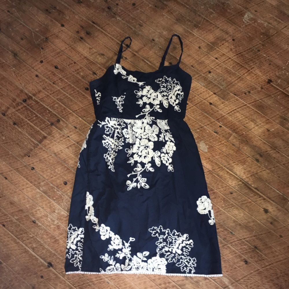 J Crew Navy white embroidered flowers royalcore sleeveless dress